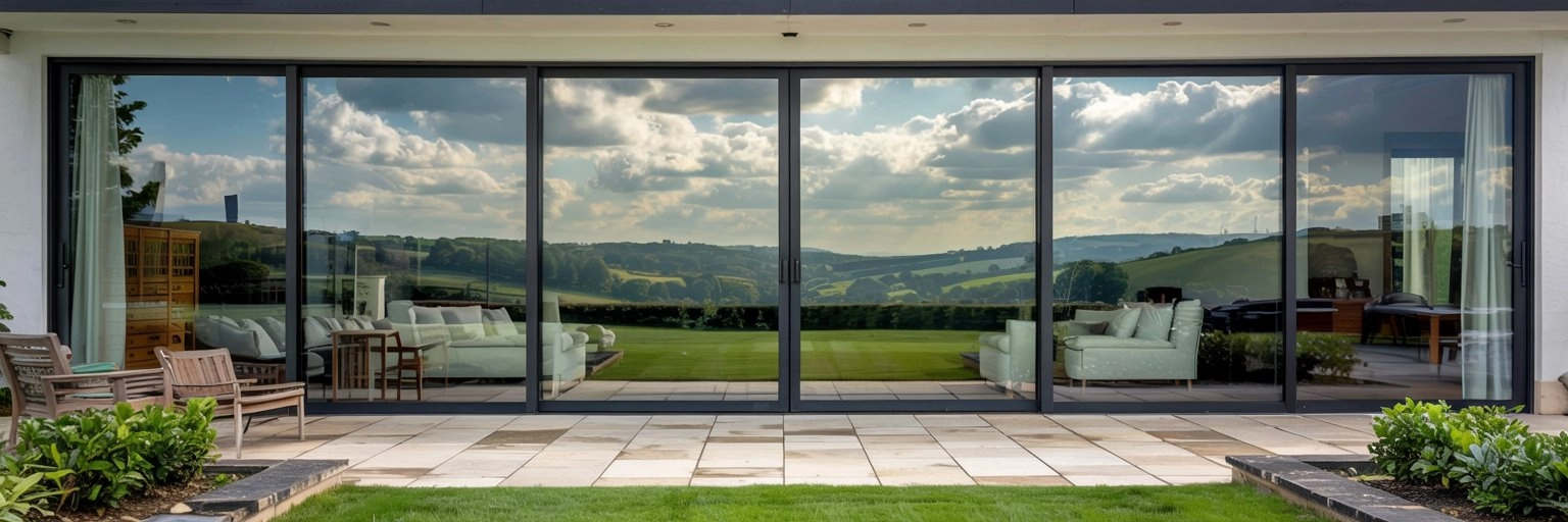 A wide-angle view of full-height sliding aluminium doors on a luxury new-build home overlooking the Cotswolds