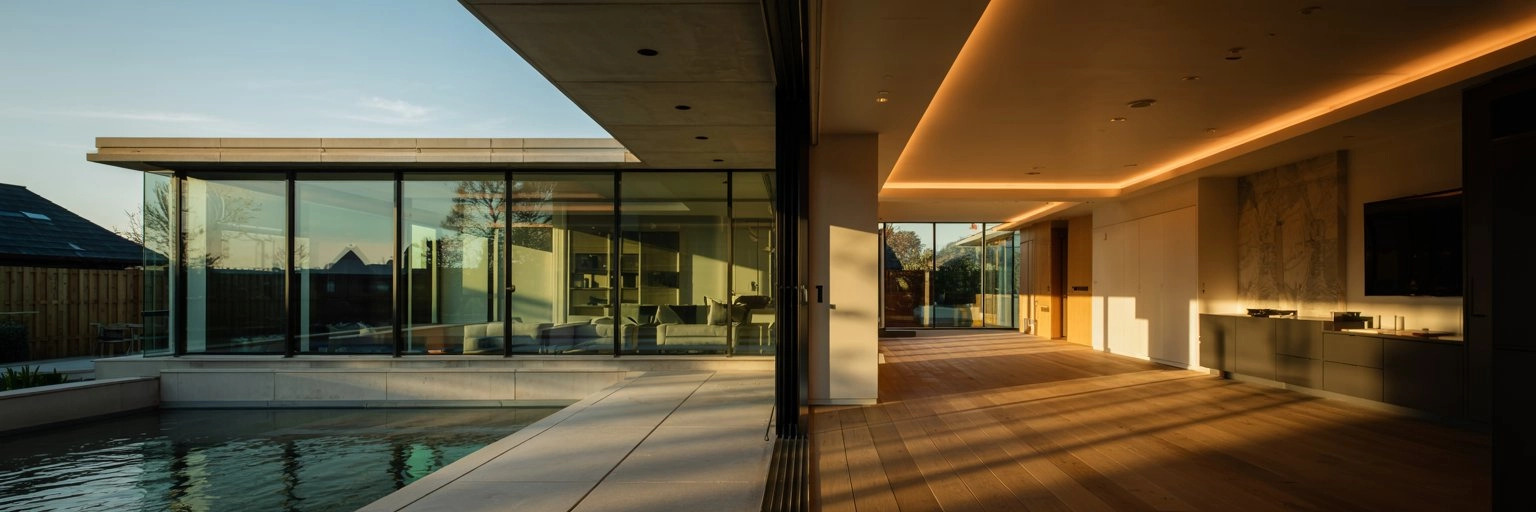 soft morning sunlight through Internorm alu‑clad windows into luxury UK home interior, integrated LED cove lighting tracing sleek metal frames, cool dawn sky reflections on tempered glass
