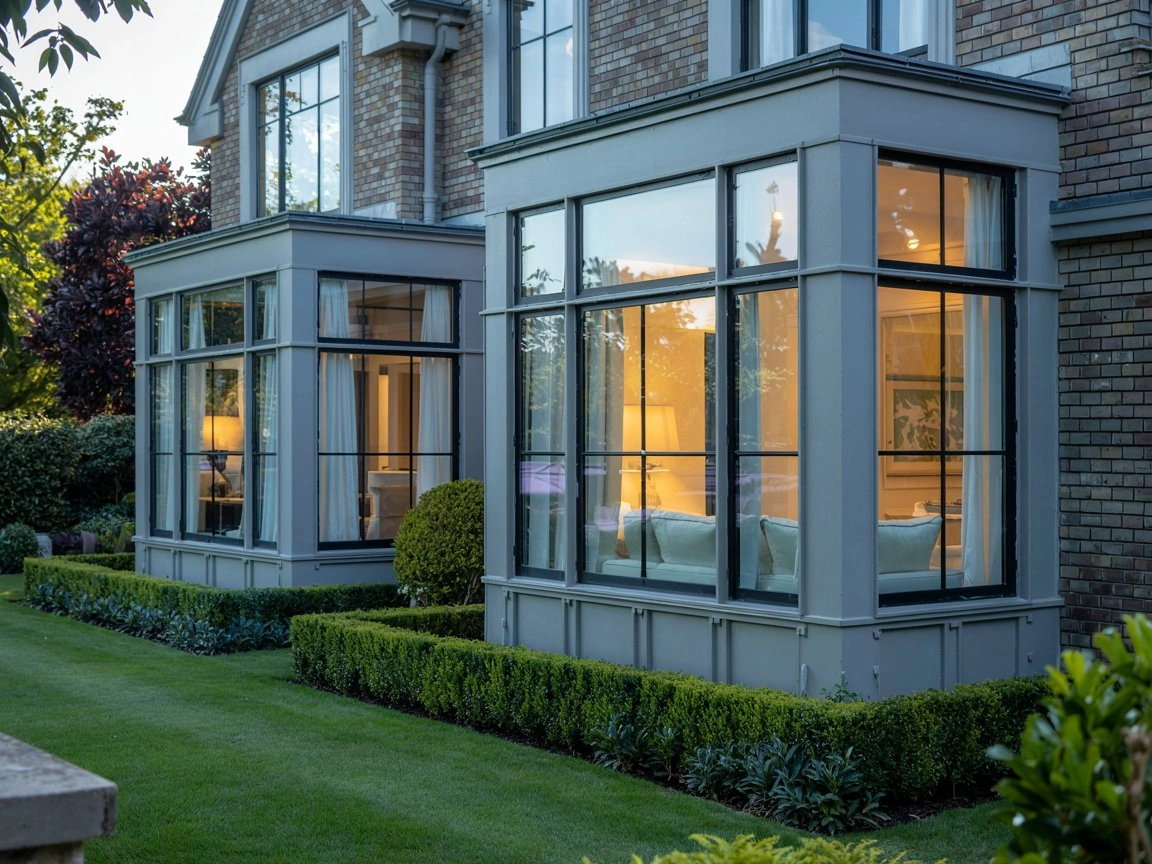 Architectural Lighting, luxury British residence with Secco Sistemi steel windows, bathed in rich dusk blue hour lighting