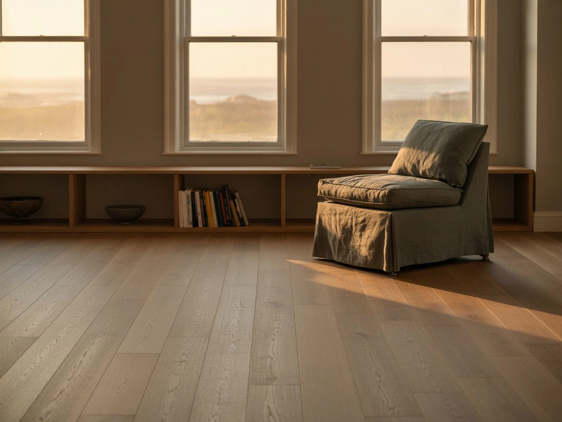 Ultra high detail interior shot of UK home featuring triple glazing, golden hour light streaming through windows creating warm highlights and deep shadows