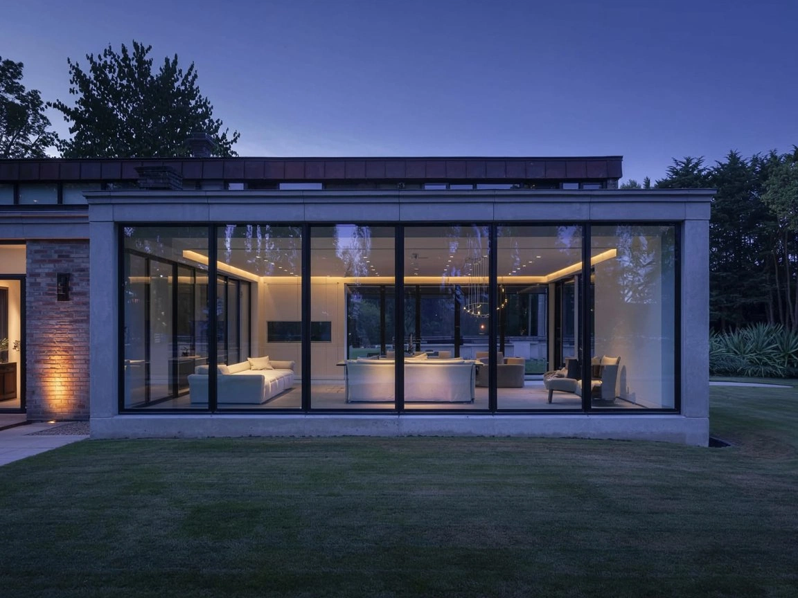 Architectural Lighting, Secco Sistemi steel windows framing the dusky glow of a luxury British property, deep shadows and ambient contrast enhancing ultra-slim frames