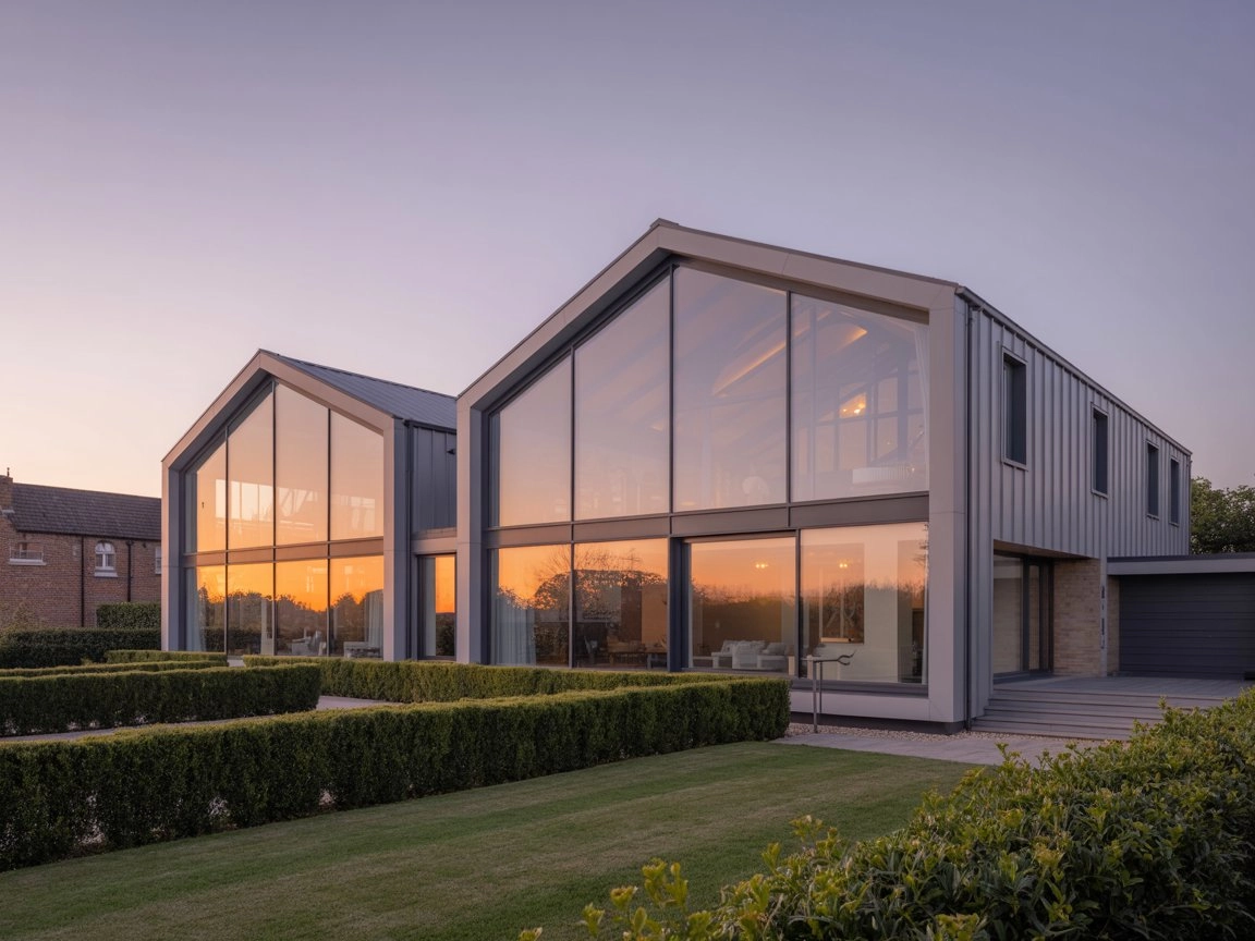 >Architectural Lighting, UK home with newly installed triple glazing glowing in warm golden hour light