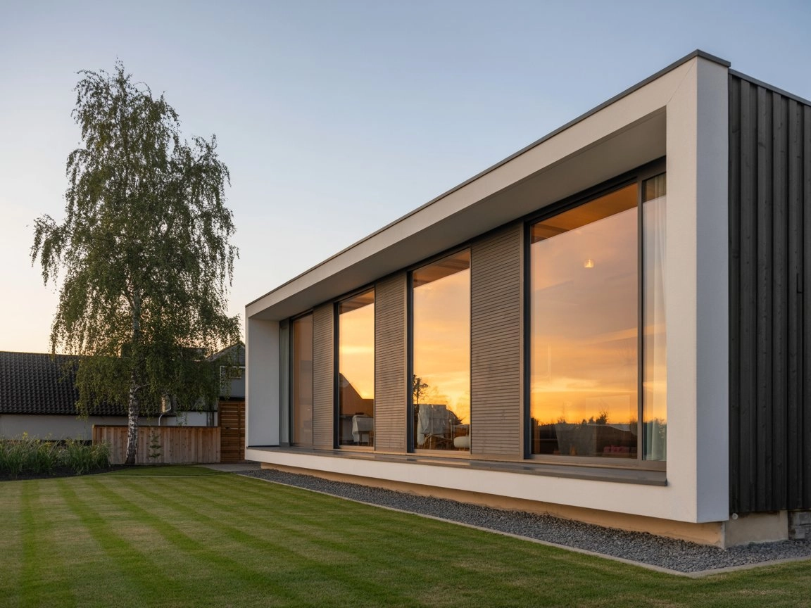 Architectural Lighting, modern UK property showcasing triple glazed windows illuminated by rich golden hour tones, dynamic upbeat energy,
