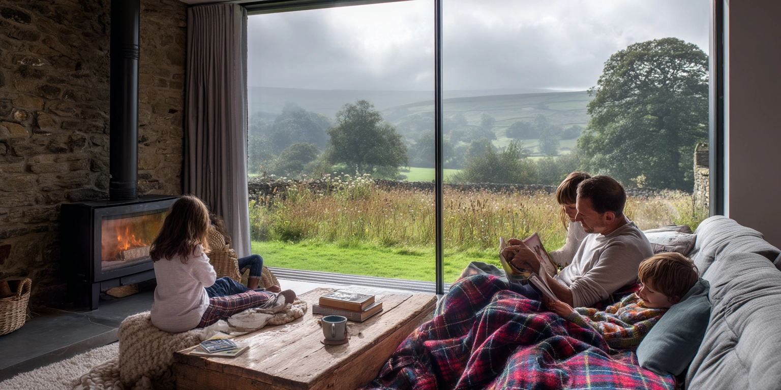 family next to aluminium sliding door