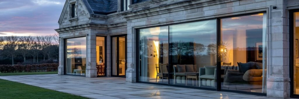 as dusk settles, a luxury british home glows softly from within architectural glazing wrapping the façade in long, uninterrupted spans