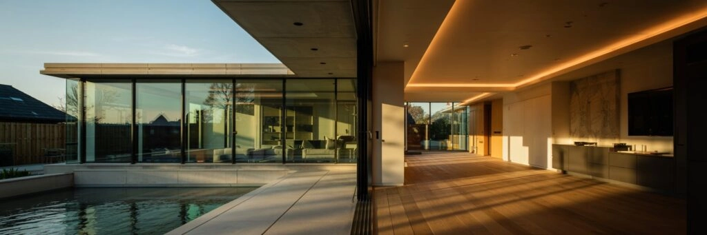 soft morning sunlight through Internorm alu‑clad windows into luxury UK home interior, integrated LED cove lighting tracing sleek metal frames, cool dawn sky reflections on tempered glass