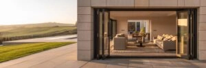 UK property featuring open bi-folding doors illuminated by rich golden hour tones, ultra high contrast highlighting architectural details and seamless indoor-outdoor flow,