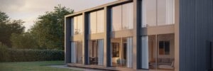 Architectural Lighting, UK home with expansive architectural glazing bathed in warm golden hour light, reflections highlighting frame detailing and glass clarity