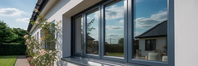 Close-up shot of sleek aluminium tilt & turn windows on a modern suburban UK home